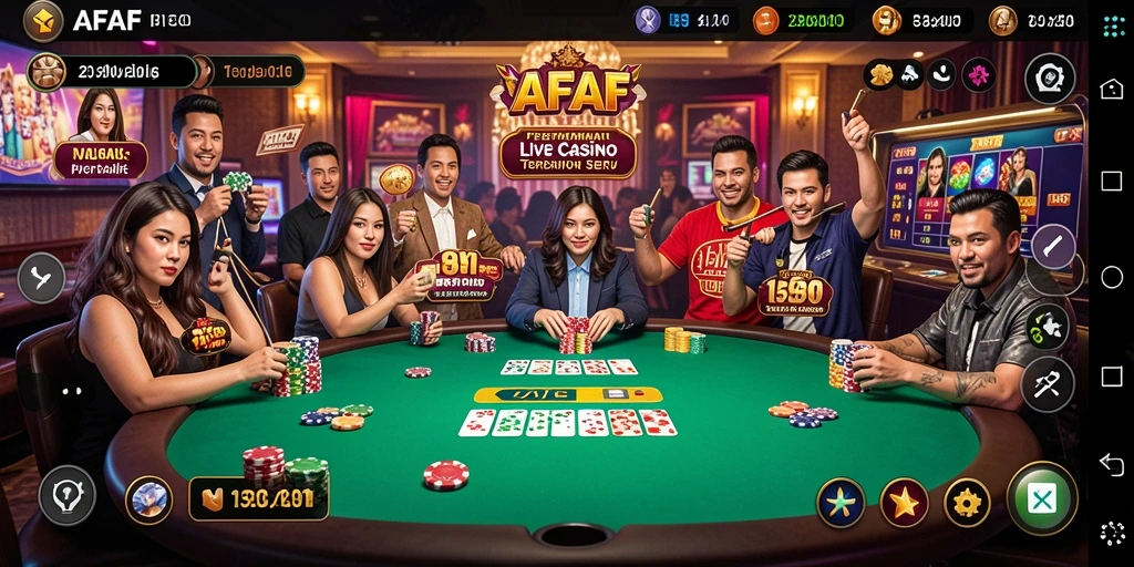 Screenshot AFAF menunjukkan dealer live dan suasana kasino yang mendebarkan.