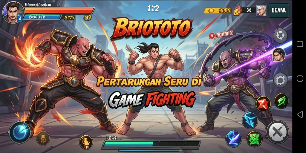 Tangkapan layar BRIOTOTO menampilkan pertempuran seru antara karakter-karakter unik.