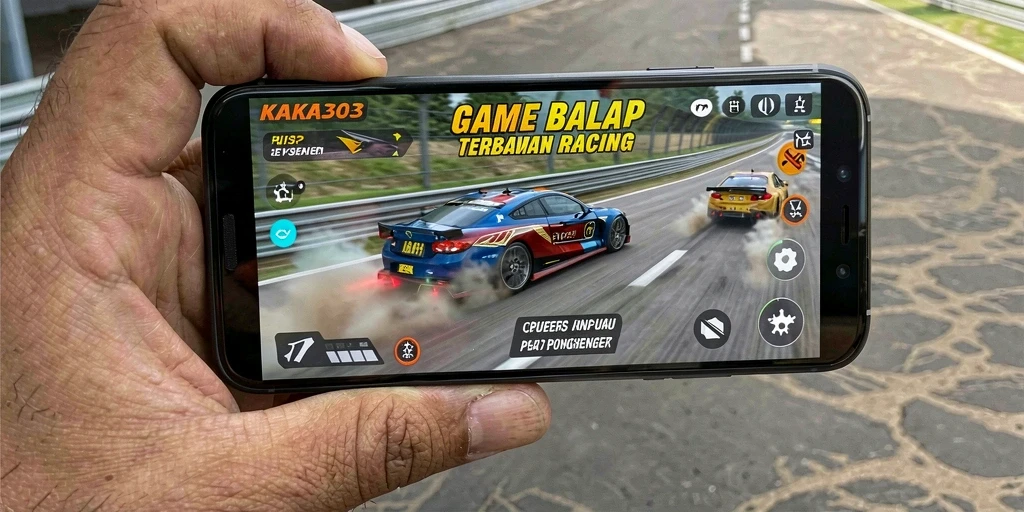 Screenshot gameplay KAKA303 menampilkan aksi balap yang intens dan mobil yang menarik.