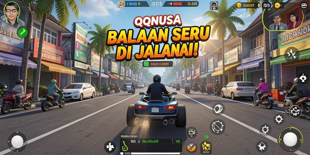 Screenshot gameplay QQNUSA dengan aksi balapan yang mendebarkan.