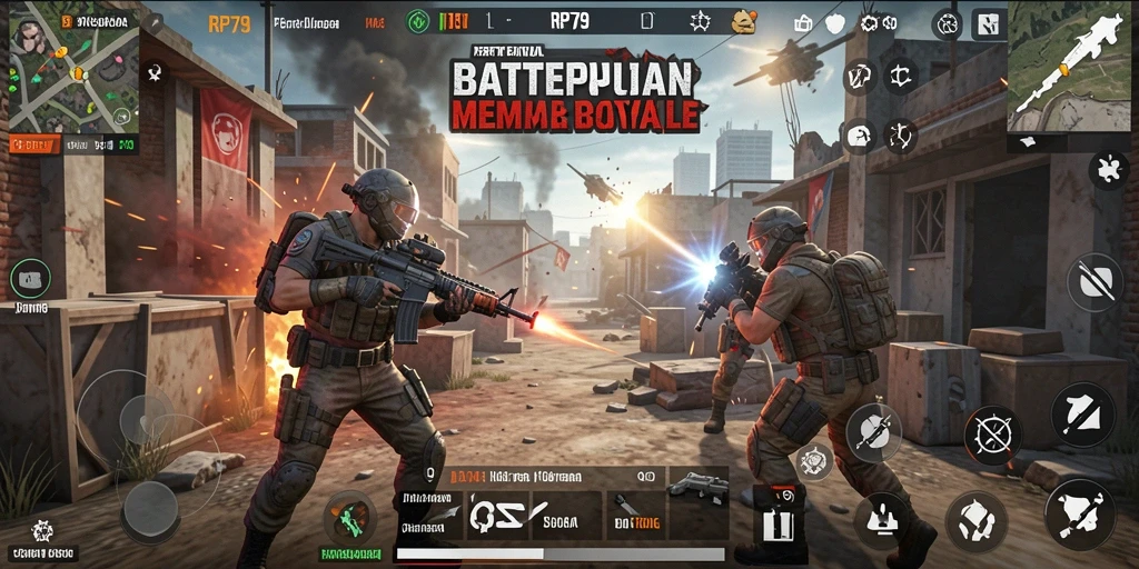 Screenshot gameplay RP79 yang menunjukkan aksi Battle Royale yang mendebarkan.