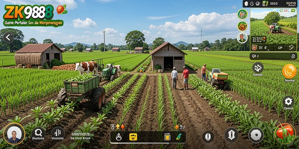 Screenshot gameplay ZK988 menampilkan kebun yang rimbun dan tanaman yang subur.